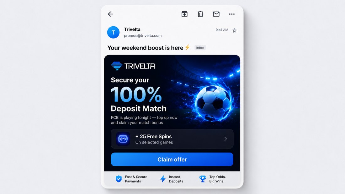 Trivelta promotional email - 100% deposit match