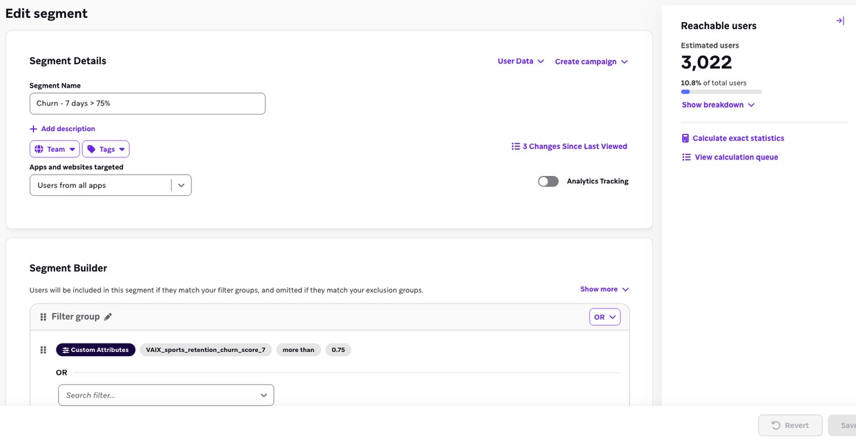 Braze segment editor filtering on the VAIX churn score attribute