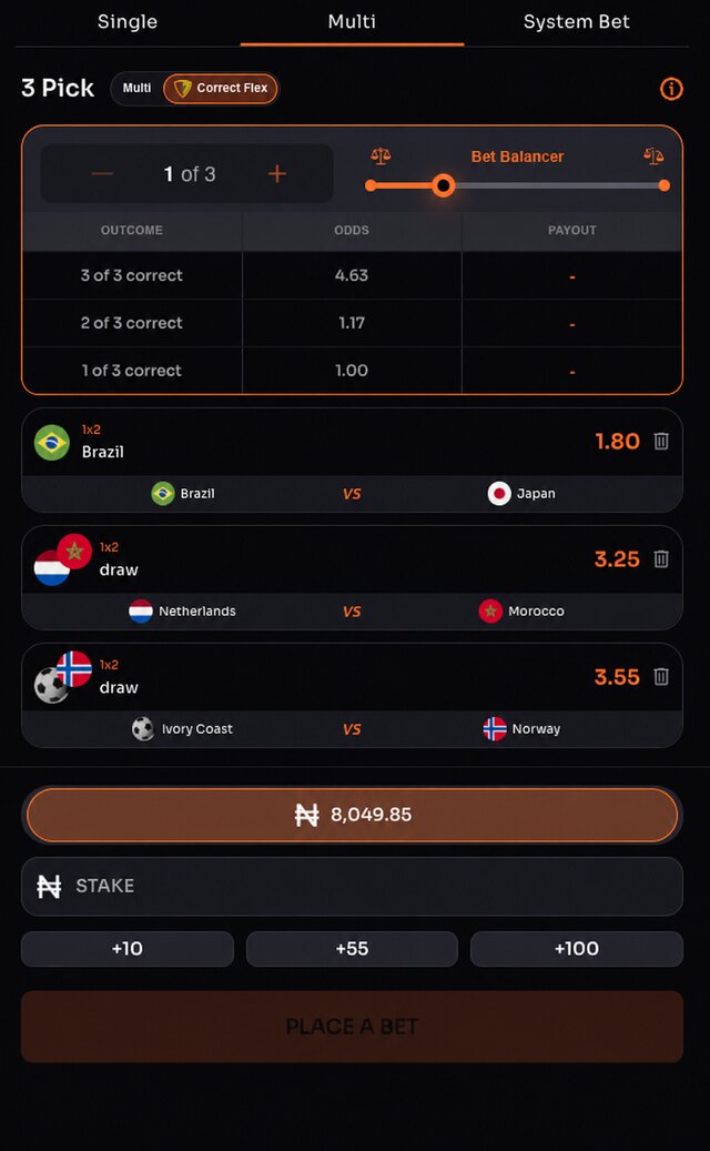 Flex Bet - Correct Flex multi bet slip showing payout tiers and bet balancer